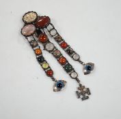 A white metal and cabochon multi gem set chatelaine, including jasper, carnelian and banded agate,