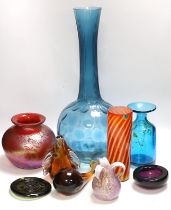Nine pieces of art glassware including Royal Brierley vase and Wedgwood paperweight, largest 49cm