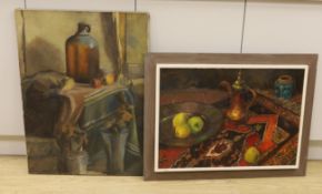 Two Dutch oils on canvas, Still lifes of fruit and vessels, one framed, largest 82 x 60cm