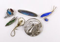 Two Norwegian sterling and enamel foliate spray brooches, largest 60mm, two sterling brooches