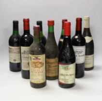 Nine bottles of red wines: a bottle of Tambour Vintage Cote du Rhône 1976, two bottles of 1987