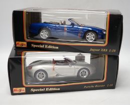 Five boxed Maisto 1:18 model cars; Porsche Boxster, Ferrari 550 maranello, Jaguar XK8, Dodge Concept