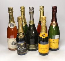 Seven assorted full or half bottles of Champagne and other sparkling wine, including Lanson and