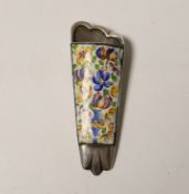 A white metal and floral enamelled posy holder, with clip verso, 85mm.
