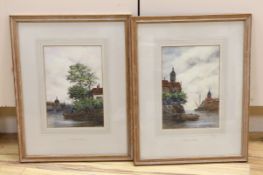 Jan Van Couver (Dutch, 1836-1909) pair of watercolours, River landscapes with barges, each signed,