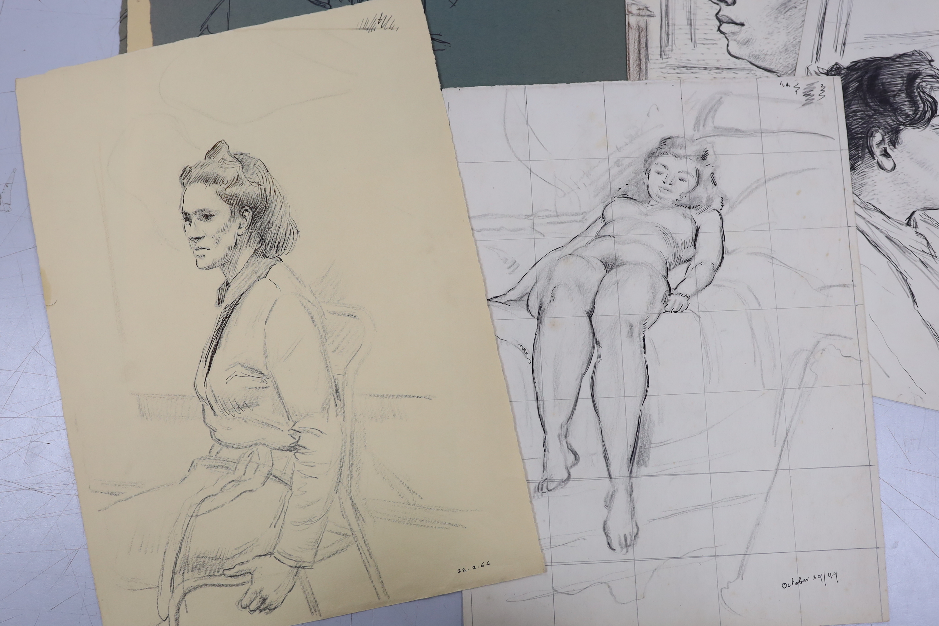 Clifford Hall (1904-1973) collection of pencil and ink sketches on paper, figural studies and - Image 2 of 7