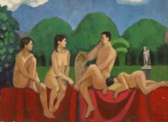Alan Tabrum (20th. C) oil on board, Nudes in parkland, signed and dated 2000, 41 x 56cm, unframed