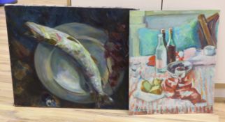 Two oils, one on canvas, Still lifes of vessels and fish, one indistinctly signed and dated 1967,