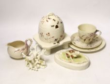 A small quantity of 1st and 2nd period Belleek including a ‘frog’ paperweight and a ‘beehive’
