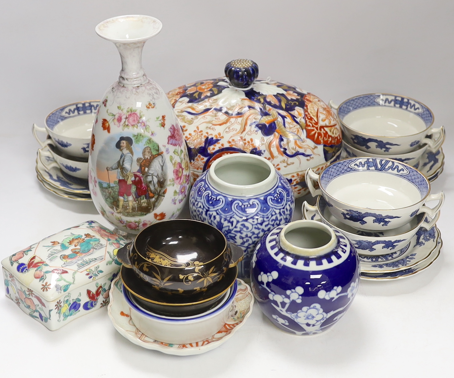 A 19th century Japanese Imari box and cover together with other Japanese, Chinese and European