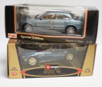 Five boxed 1:18 model cars by Maisto and Bburago; Jaguar S-Type, Jaguar XKR, Ferrari 550