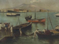 20th century school, oil on board, Continental harbour scene with fishermen and boats, 46 x 61cm
