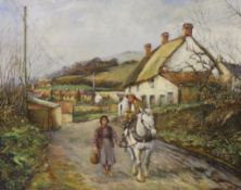 A. Barrett, oil on canvas, Travellers on a country lane, signed, 35 x 58cm, unframed