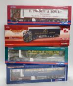 Four boxed Corgi 1:50 scale articulated trucks; a DAF CF curtainside (CC13601), a Volvo FM with