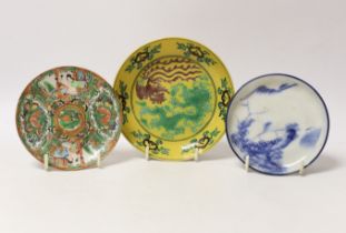 Three Chinese saucers including a ‘dragon’ example, largest 13cm in diameter