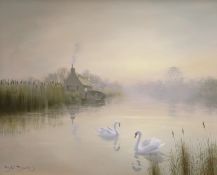 David Dane (Contemporary) oil on canvas, River landscape with swans, signed, 39 x 49cm