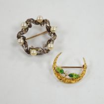 A yellow metal enamel and small baroque pearl set folate crescent brooch, 27mm, together with a