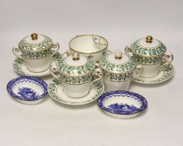 A moustache cup and other English tableware including a pair of Royal Doulton blue and white printed