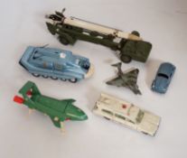 Twenty-two Dinky Toys mostly for restoration, including a Car Carrier (984), Missile Erector,