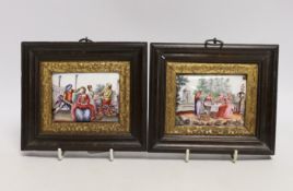 A framed pair of 19th century French enamel on copper plaques, 12x15cm total