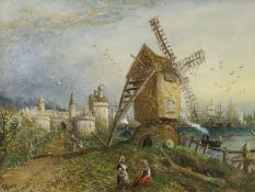 G. Moore (19/20th C.), oil on board, Dutch landscape with figures before a windmill, signed, 22 x