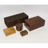 A 19th century Chinese carved boxwood box, amboyna cigarette box and 3 others