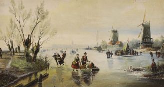 After Jan Jacob Spohler (1811-1866) Oil on canvas board, Dutch winter landscape with figures