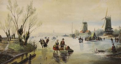 After Jan Jacob Spohler (1811-1866) Oil on canvas board, Dutch winter landscape with figures