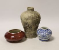 Chinese sang de boeuf brush washer, miniature blue and white vase and another vase, largest 14cm