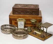 Letter scales and weights, a inlaid box, a carved box, a pair of plated coasters, carriage clock,