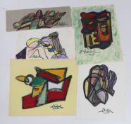 Edgar Stoebel (René Teboul Yechoua, French, 1909-2001) five mixed medias on paper/card, abstract and