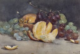 Peter Alexander Hay RA. (exh.1897), watercolour, Still life of fruit, signed, details verso, 18 x