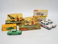 Five boxed Dinky Toys; Rover 75 Saloon (156) in correct two-tone green colour spot box, two Police