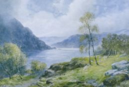 John Macwhirter RA (Scottish, 1839-1911) watercolour, Mountainous highland loch scene, signed, 20