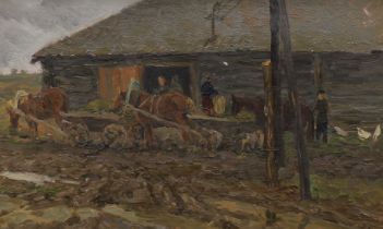 Vladimir Ivanovich Kotov (Russian 1944-1989), oil on board, Carts beside a barn, label verso, 20 x