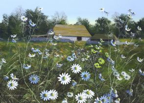 Paul Evans (b.1954) gouache, Daisies before barns, signed, 34 x 48cm