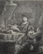 After Rembrandt van Rijn (1606–1669) etching, The Gold Weigher, signed in plate, 24 x 19cm