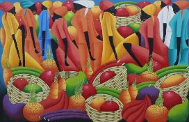 Claude Florestin (Haitian, 20th. C) large oil on canvas, Figures and fruit, signed, 98 x 150cm