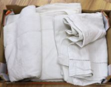 Six coarse French provincial linen sheets, button holed and embroidered monogrammed turn backs