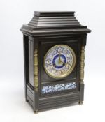 A late 19th century Aesthetic period porcelain mounted slate mantel clock, 42cm high