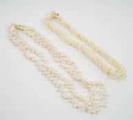 A double strand freshwater pearl necklace, with 585 yellow metal clasp, 50cm and one other