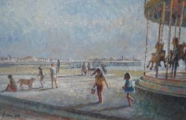 St John Child (b.1936), oil on board, Brighton view onto Palace Pier, signed, 34 x 53cm