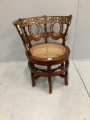 An Italian ivory inlaid hardwood tub framed cane seat chair, width 71cm, depth 54cm, height 81cm