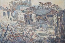A 20th century WWI oil on canvas laid on board, Ruined French town, unsigned, 29 x 43cm