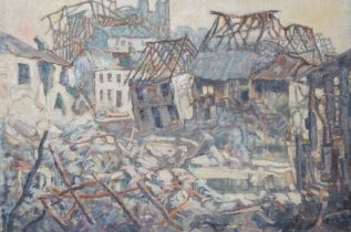 A 20th century WWI oil on canvas laid on board, Ruined French town, unsigned, 29 x 43cm