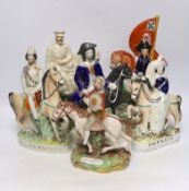 Six Staffordshire pottery equestrian groups, including Lord Kitchener, 34cm high
