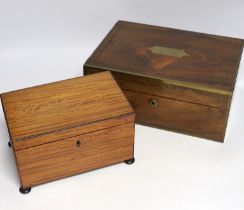 A Victorian brass bound rosewood writing box, 30.5 x 22 x 13cm, a George IV satinwood tea caddy