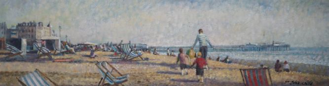 St John Child (b.1936), oil on board, Panoramic view of Brighton seafront, signed, 24 x 89cm