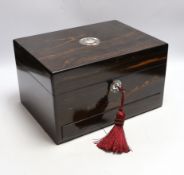 A Victorian coromandel wood toilet box with plated fittings and Mother of Pearl inlay to lid, fitted