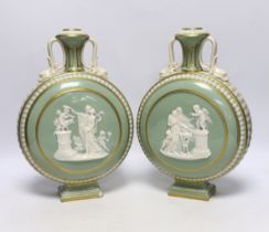 A pair of 19th century Continental moonflasks, decorated in relief and hand painted with